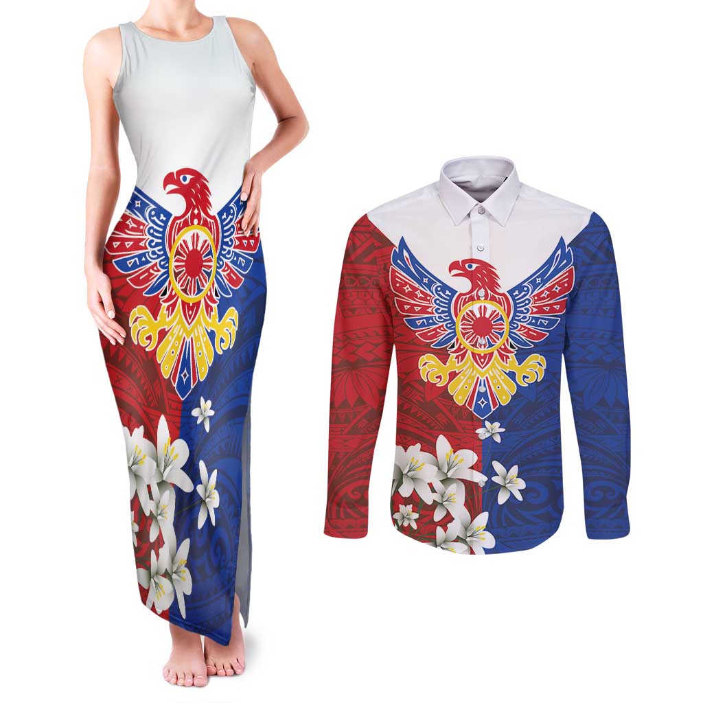 Philippine Eagle Week Couples Matching Tank Maxi Dress and Long Sleeve Button Shirt Filipino Patern