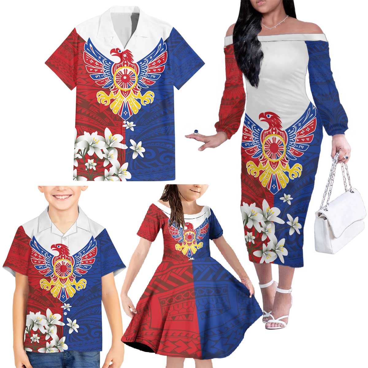 Philippine Eagle Week Family Matching Off The Shoulder Long Sleeve Dress and Hawaiian Shirt Filipino Patern