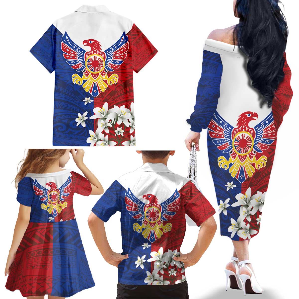 Philippine Eagle Week Family Matching Off The Shoulder Long Sleeve Dress and Hawaiian Shirt Filipino Patern