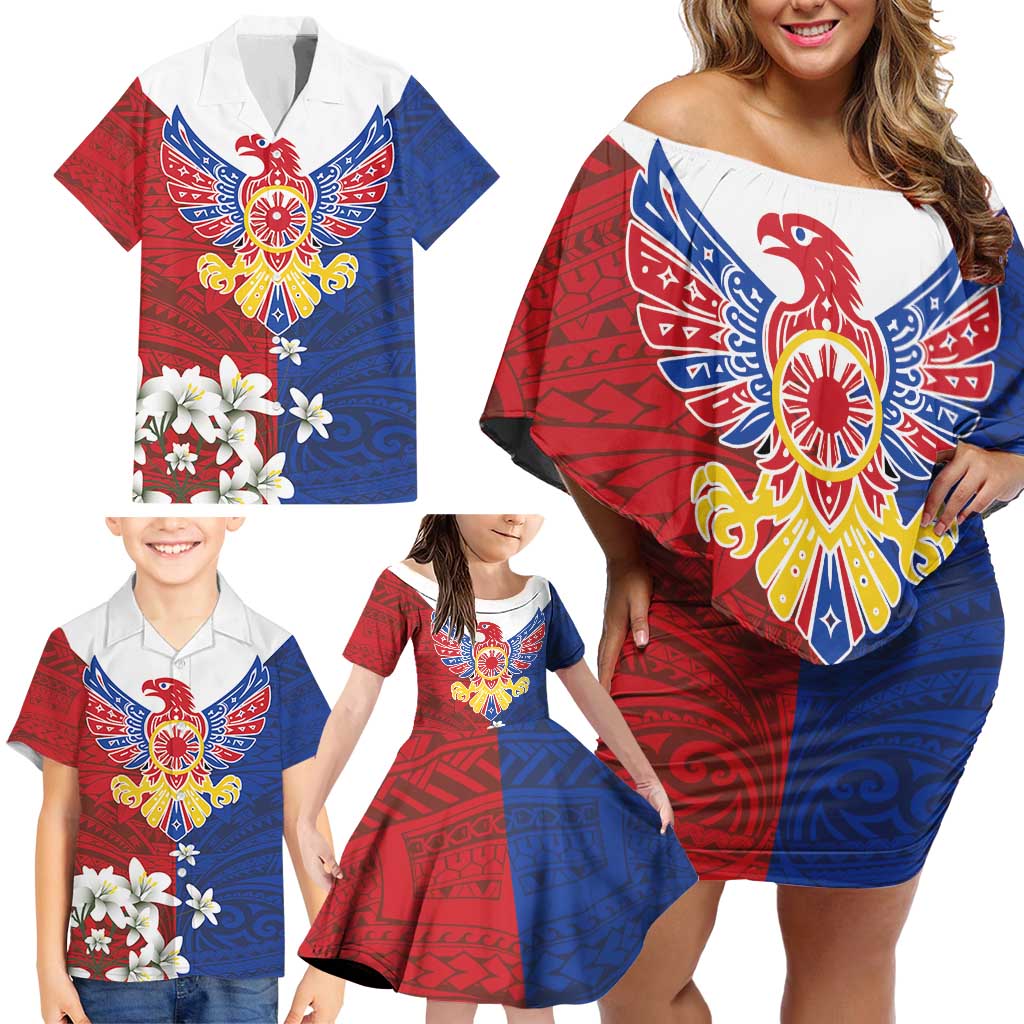 Philippine Eagle Week Family Matching Off Shoulder Short Dress and Hawaiian Shirt Filipino Patern