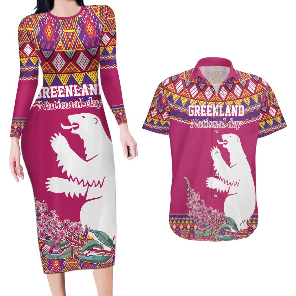 Greenland National Day Couples Matching Long Sleeve Bodycon Dress and Hawaiian Shirt Inuit Kalaallisuut style