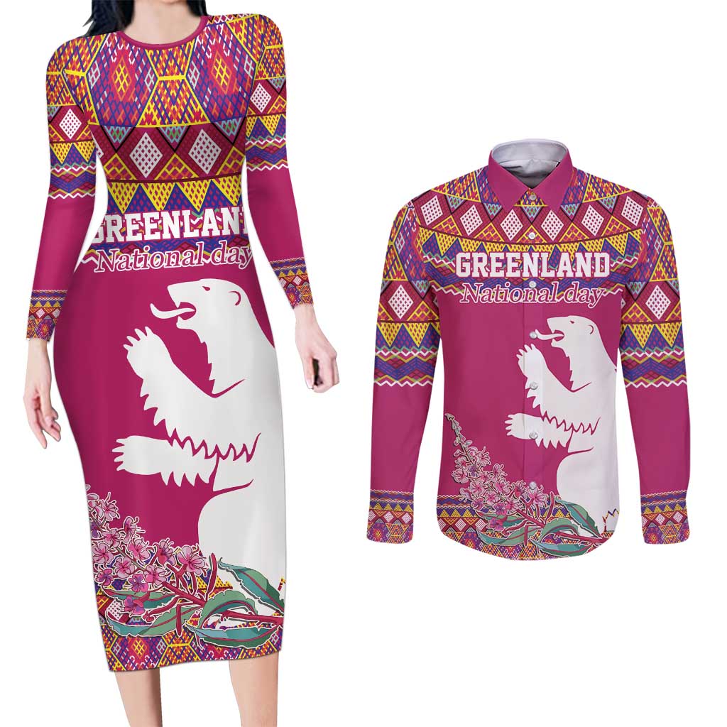 Greenland National Day Couples Matching Long Sleeve Bodycon Dress and Long Sleeve Button Shirt Inuit Kalaallisuut style