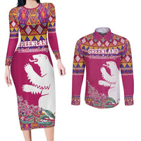Greenland National Day Couples Matching Long Sleeve Bodycon Dress and Long Sleeve Button Shirt Inuit Kalaallisuut style