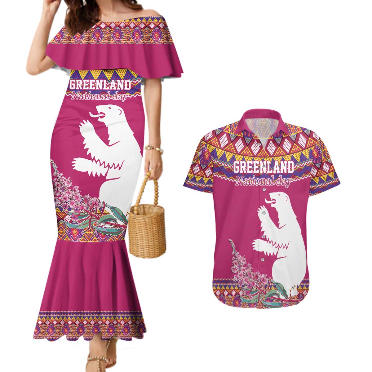 Greenland National Day Couples Matching Mermaid Dress and Hawaiian Shirt Inuit Kalaallisuut style