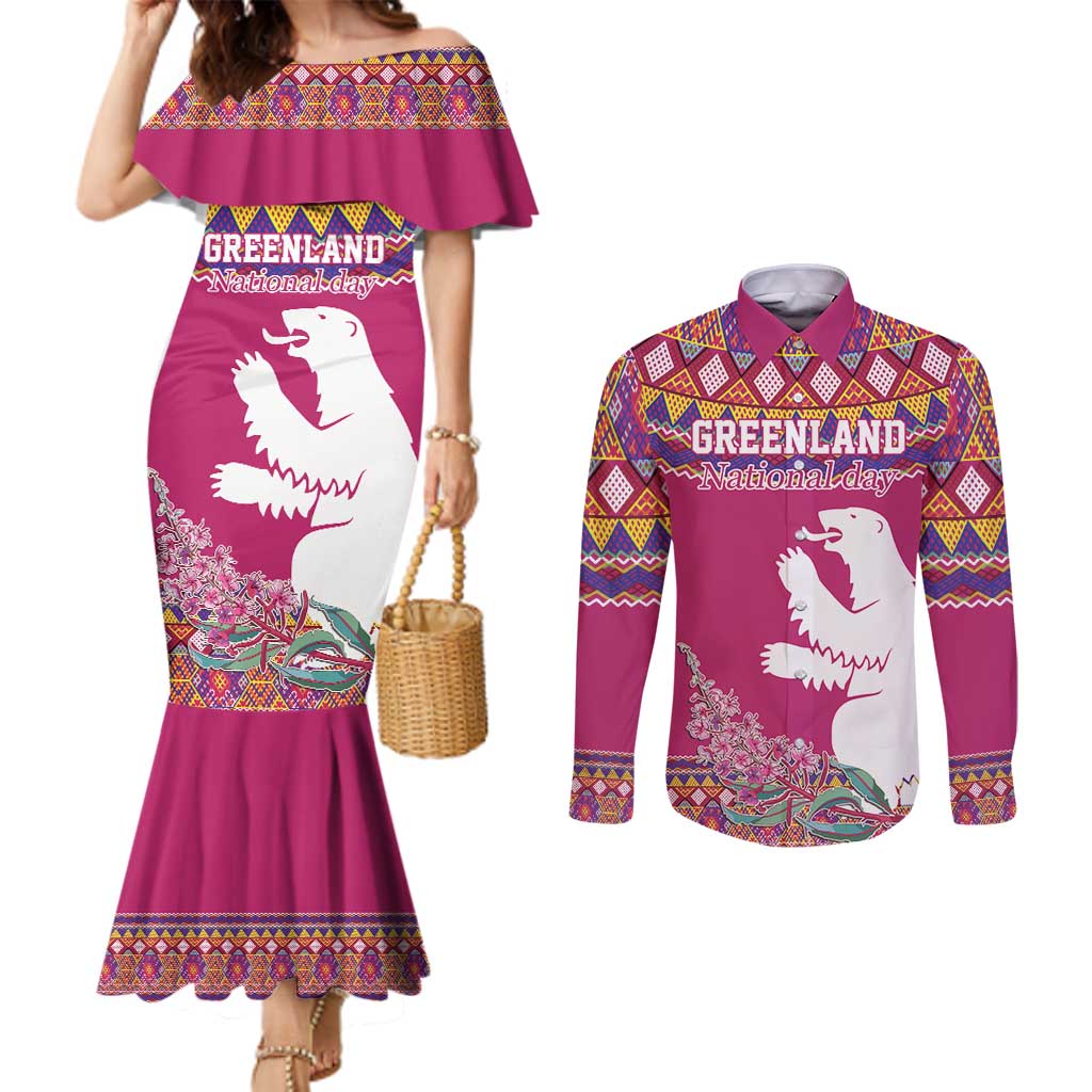 Greenland National Day Couples Matching Mermaid Dress and Long Sleeve Button Shirt Inuit Kalaallisuut style