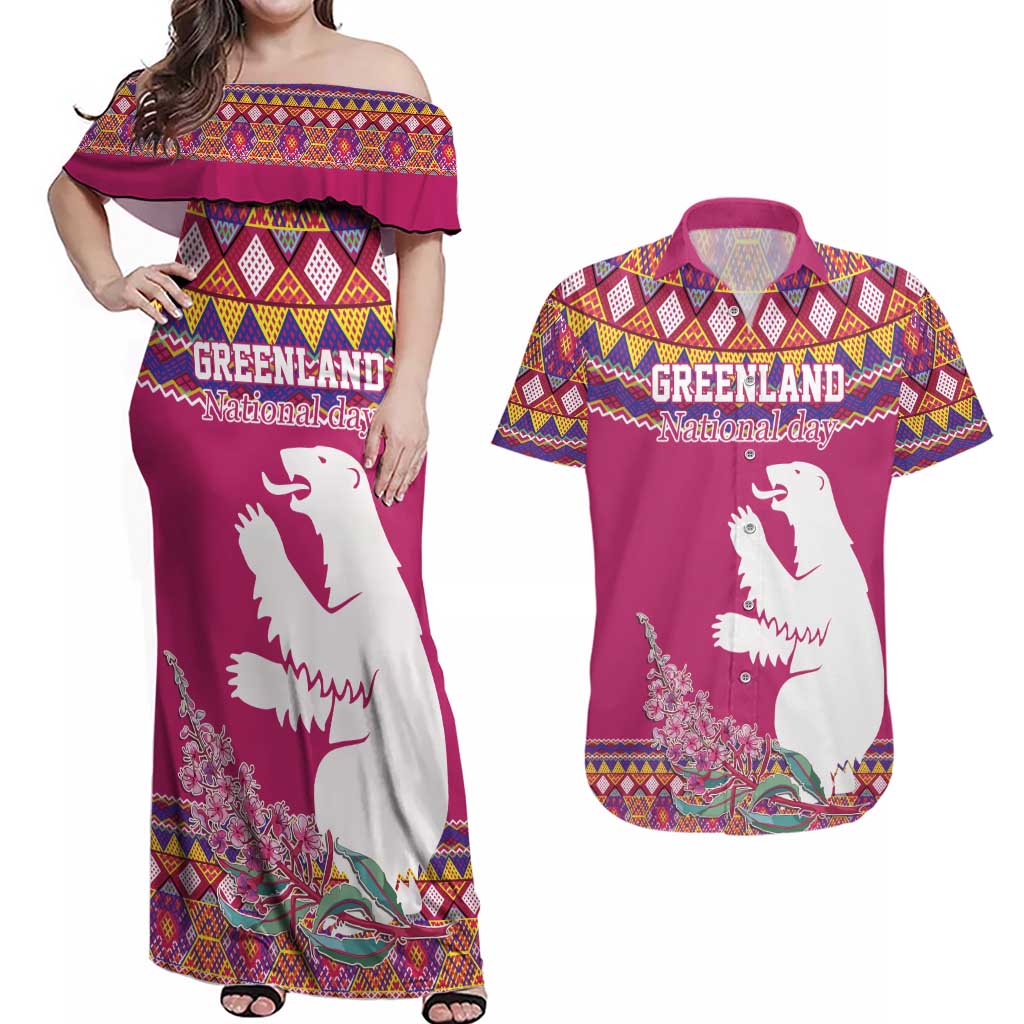 Greenland National Day Couples Matching Off Shoulder Maxi Dress and Hawaiian Shirt Inuit Kalaallisuut style