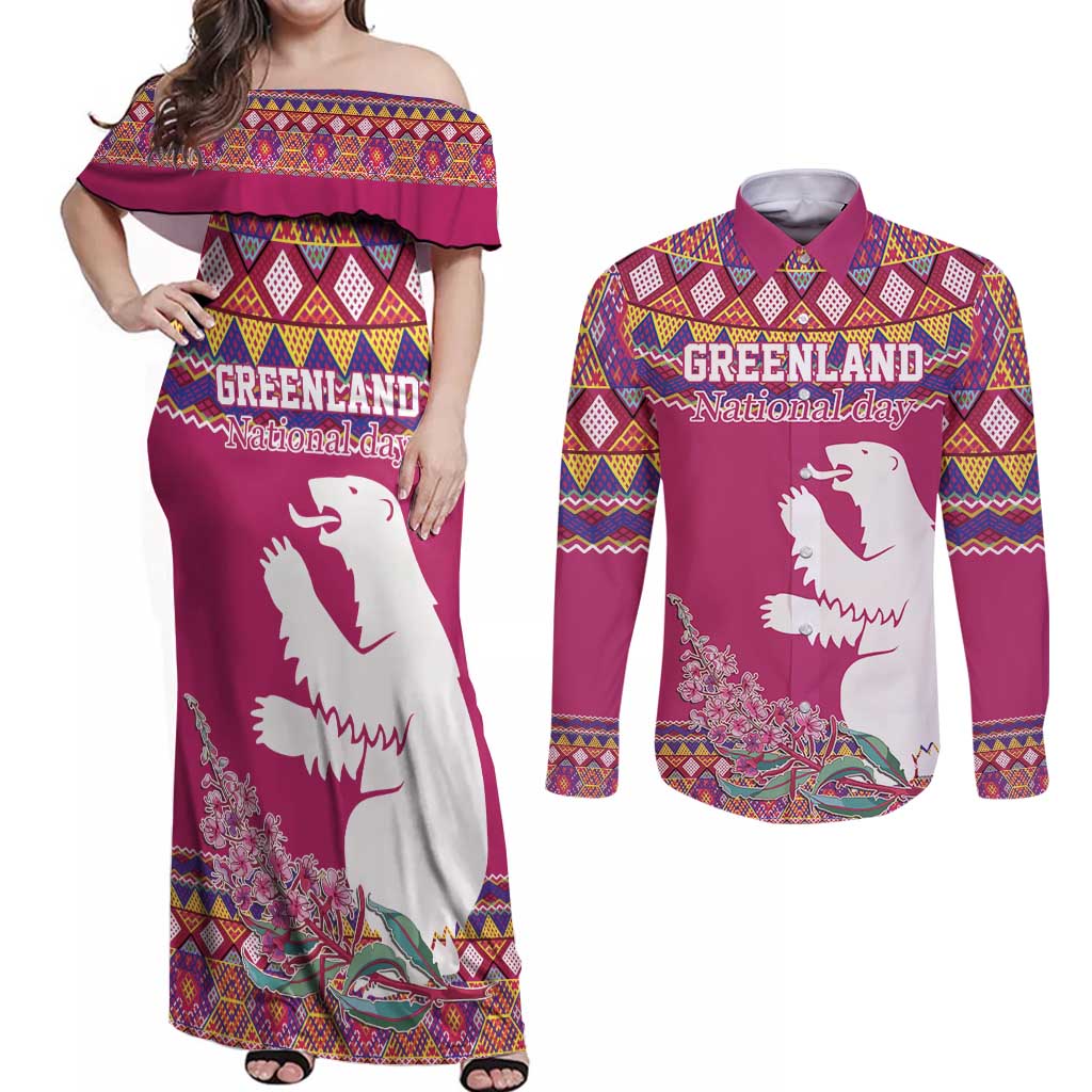 Greenland National Day Couples Matching Off Shoulder Maxi Dress and Long Sleeve Button Shirt Inuit Kalaallisuut style