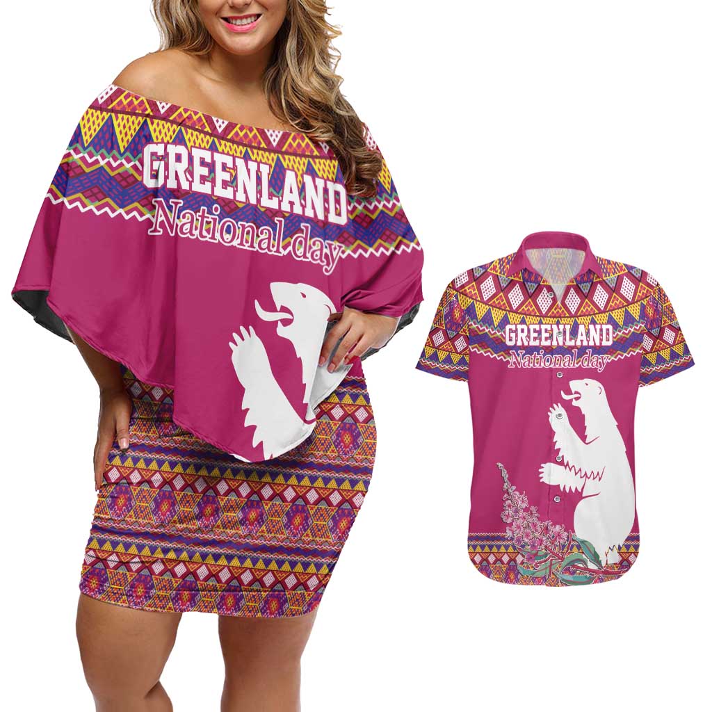 Greenland National Day Couples Matching Off Shoulder Short Dress and Hawaiian Shirt Inuit Kalaallisuut style