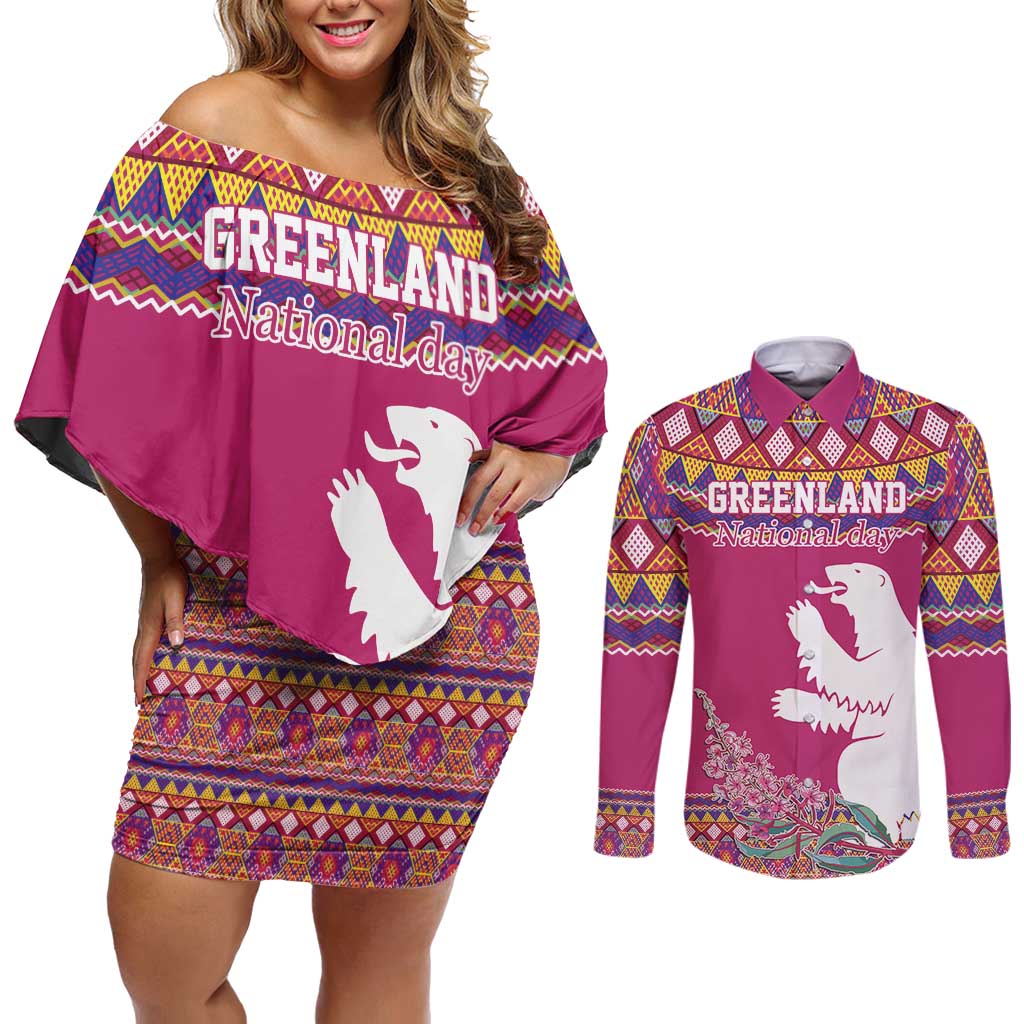Greenland National Day Couples Matching Off Shoulder Short Dress and Long Sleeve Button Shirt Inuit Kalaallisuut style