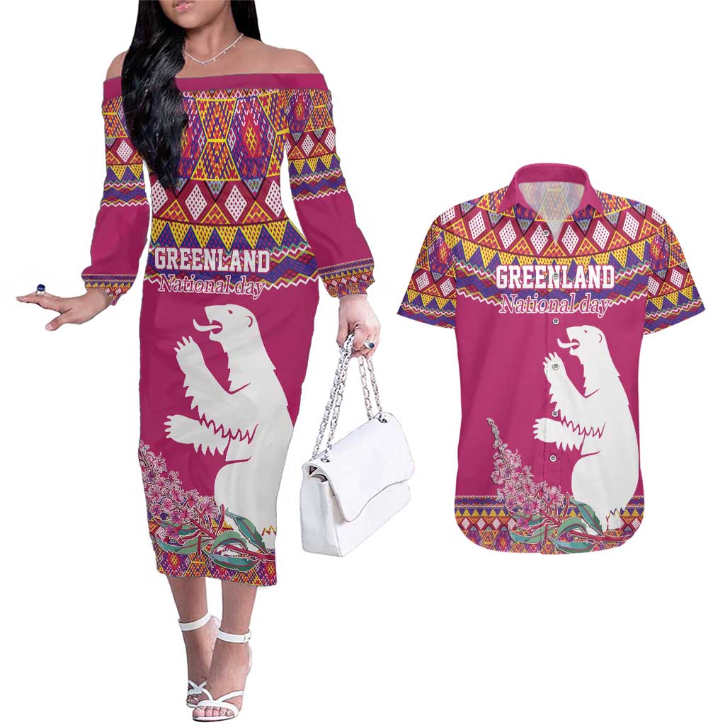 Greenland National Day Couples Matching Off The Shoulder Long Sleeve Dress and Hawaiian Shirt Inuit Kalaallisuut style
