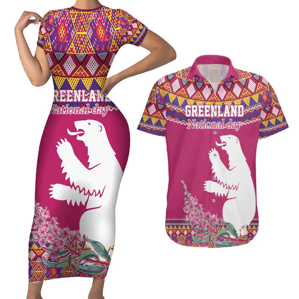 Greenland National Day Couples Matching Short Sleeve Bodycon Dress and Hawaiian Shirt Inuit Kalaallisuut style