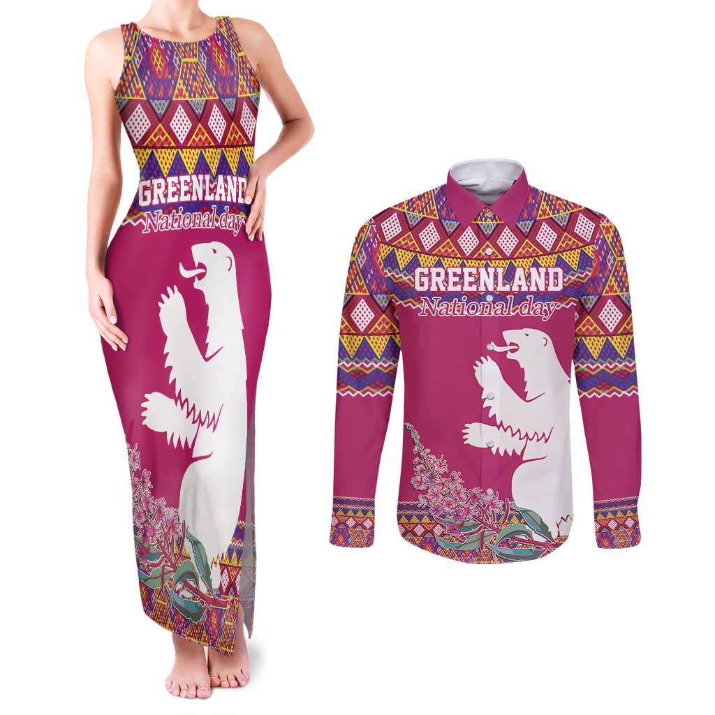 Greenland National Day Couples Matching Tank Maxi Dress and Long Sleeve Button Shirt Inuit Kalaallisuut style