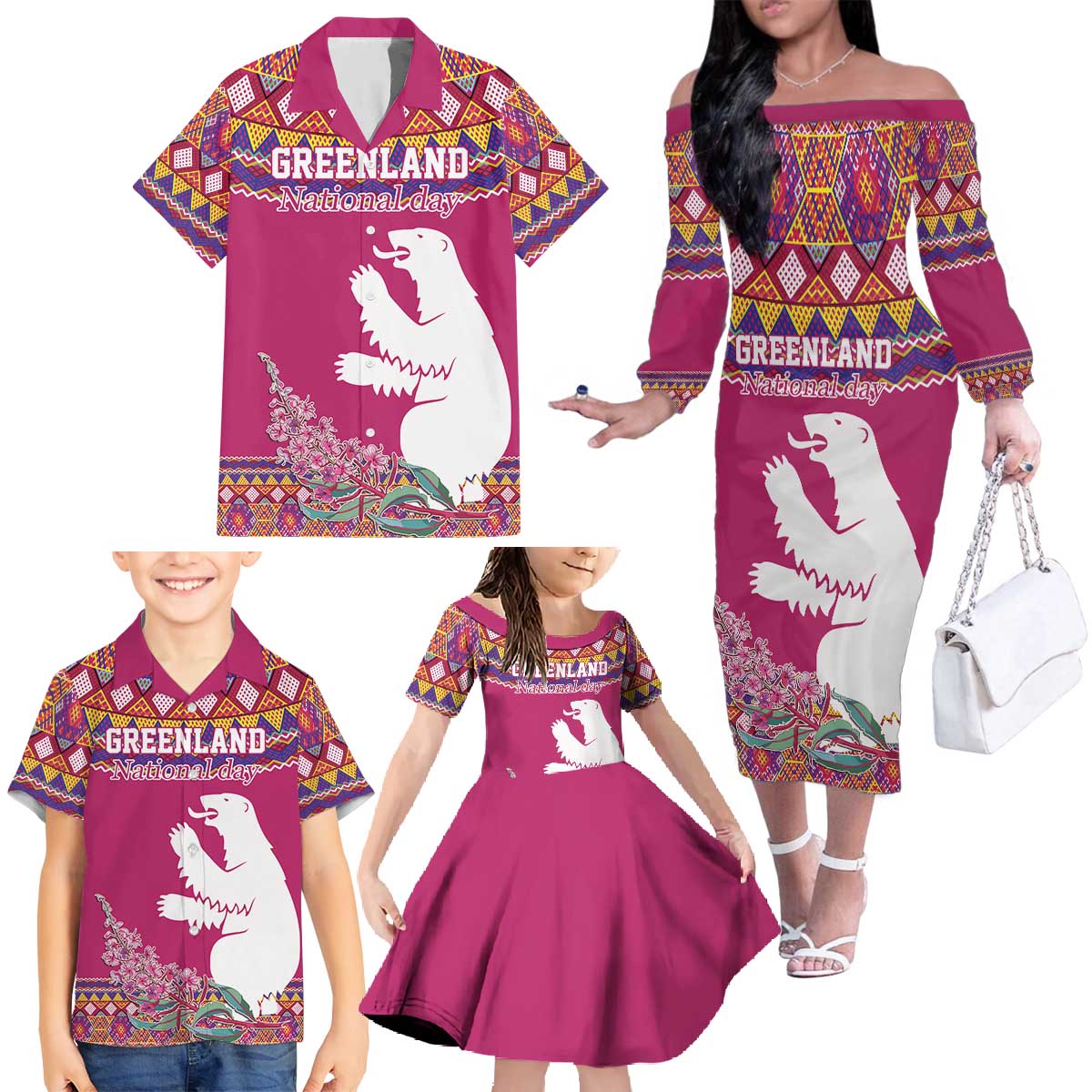 Greenland National Day Family Matching Off The Shoulder Long Sleeve Dress and Hawaiian Shirt Inuit Kalaallisuut style