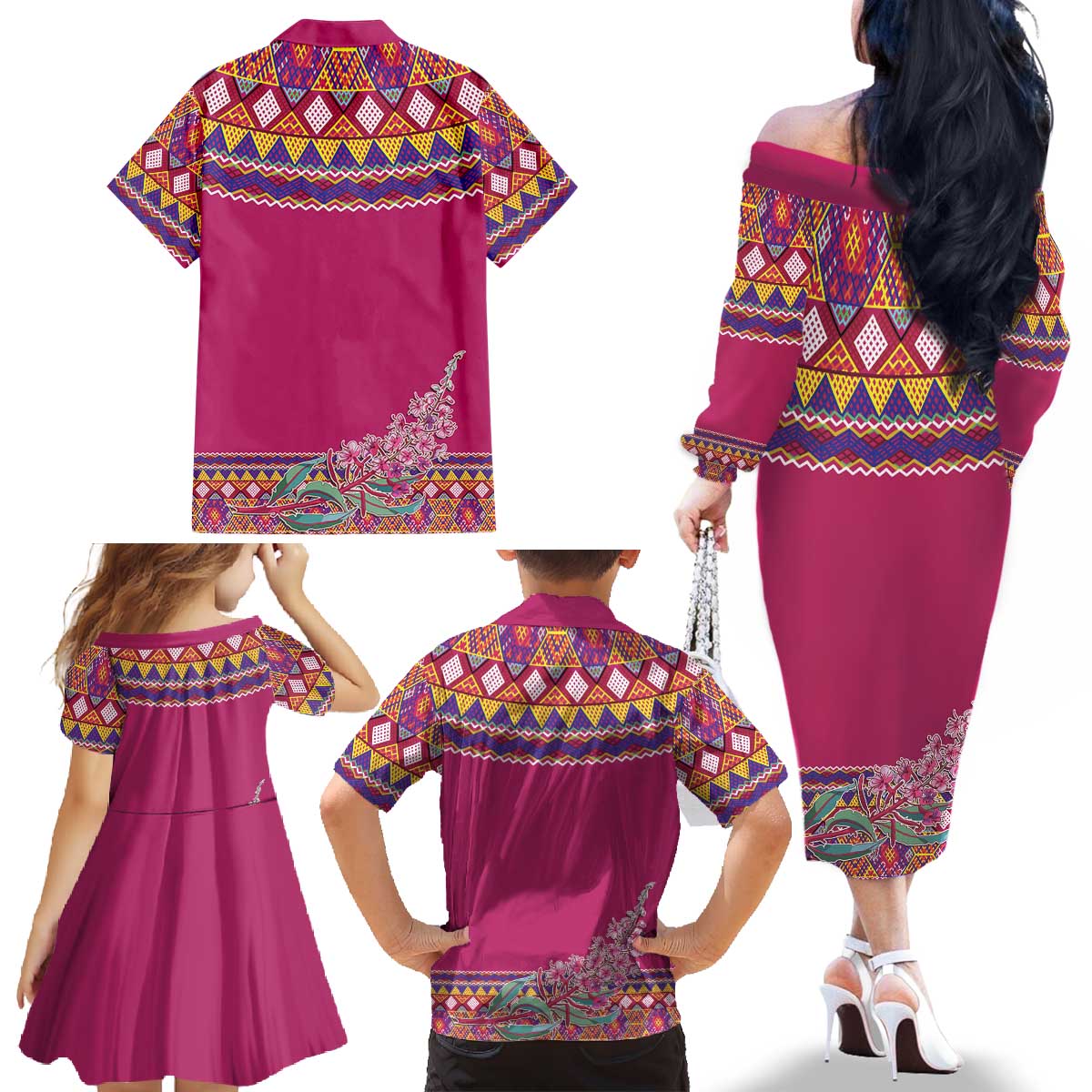 Greenland National Day Family Matching Off The Shoulder Long Sleeve Dress and Hawaiian Shirt Inuit Kalaallisuut style