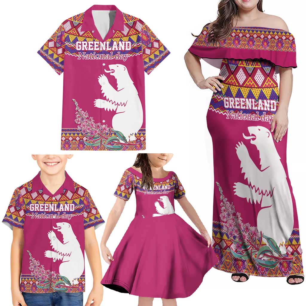 Greenland National Day Family Matching Off Shoulder Maxi Dress and Hawaiian Shirt Inuit Kalaallisuut style