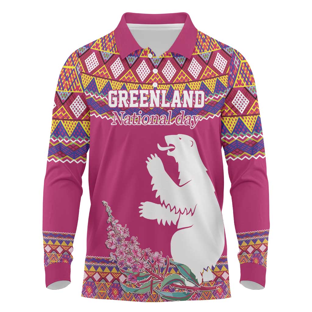 Greenland National Day Long Sleeve Polo Shirt Inuit Kalaallisuut style