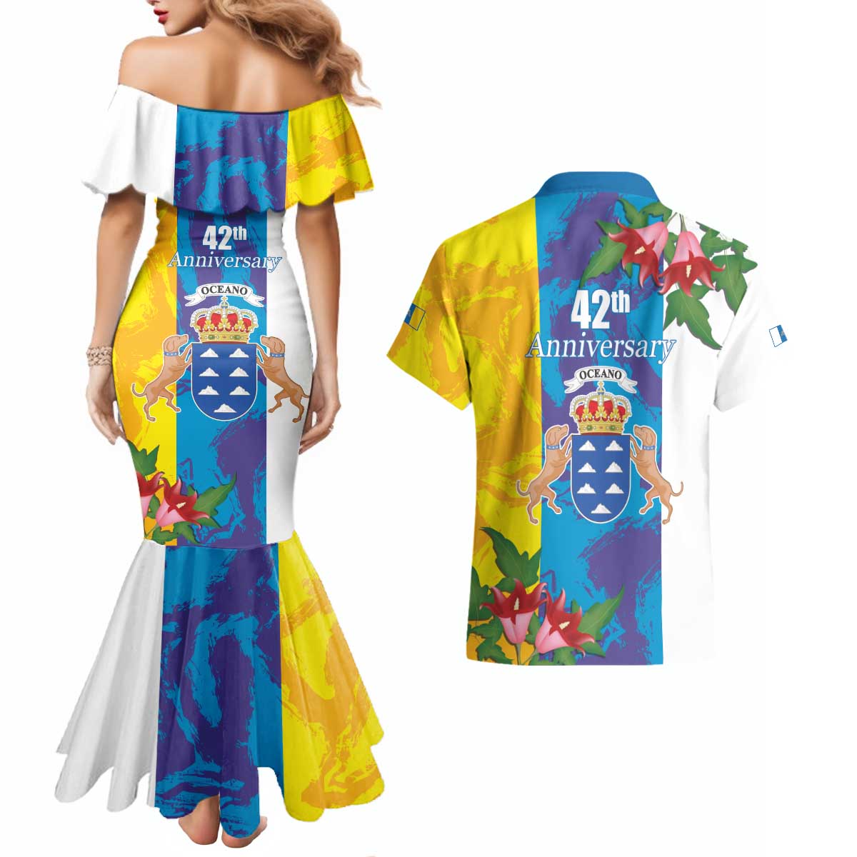Canary Islands Dia de Canarias Couples Matching Mermaid Dress and Hawaiian Shirt 42th Anniversary