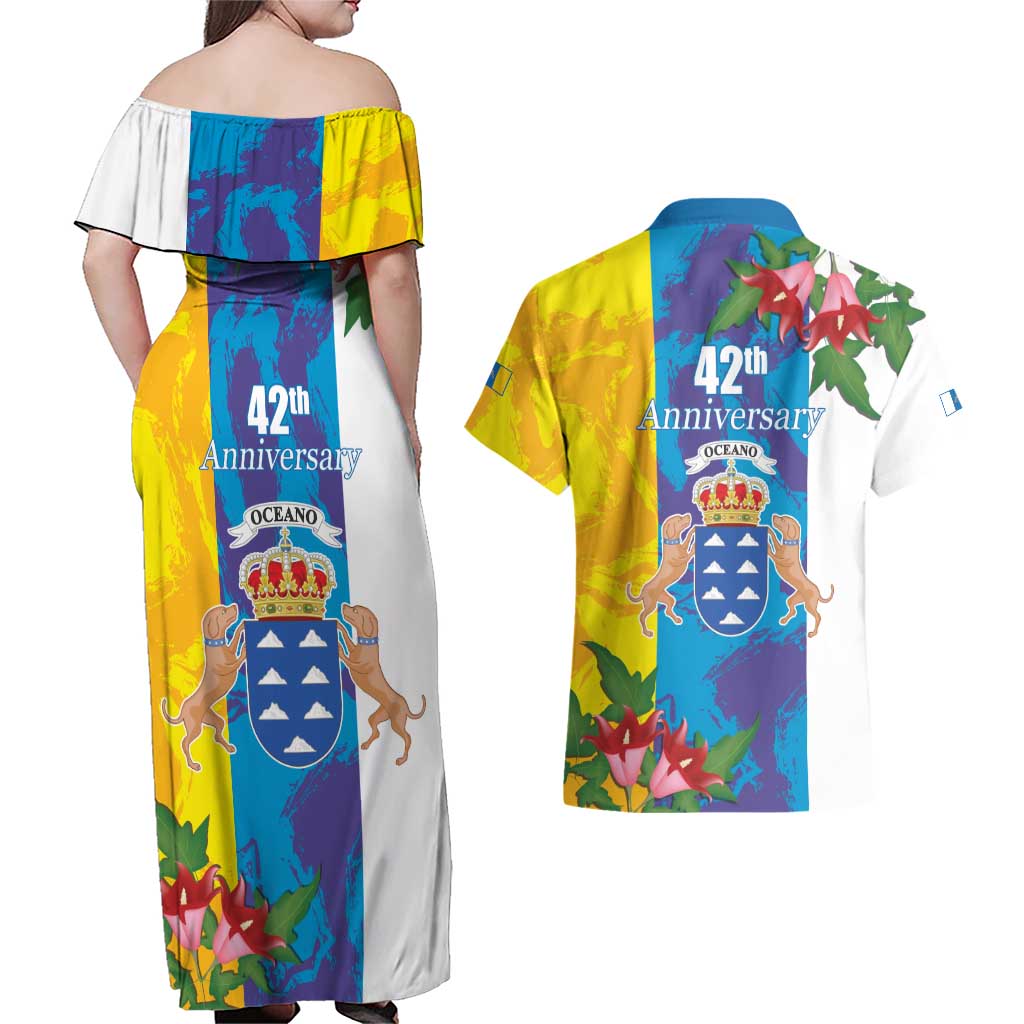 Canary Islands Dia de Canarias Couples Matching Off Shoulder Maxi Dress and Hawaiian Shirt 42th Anniversary