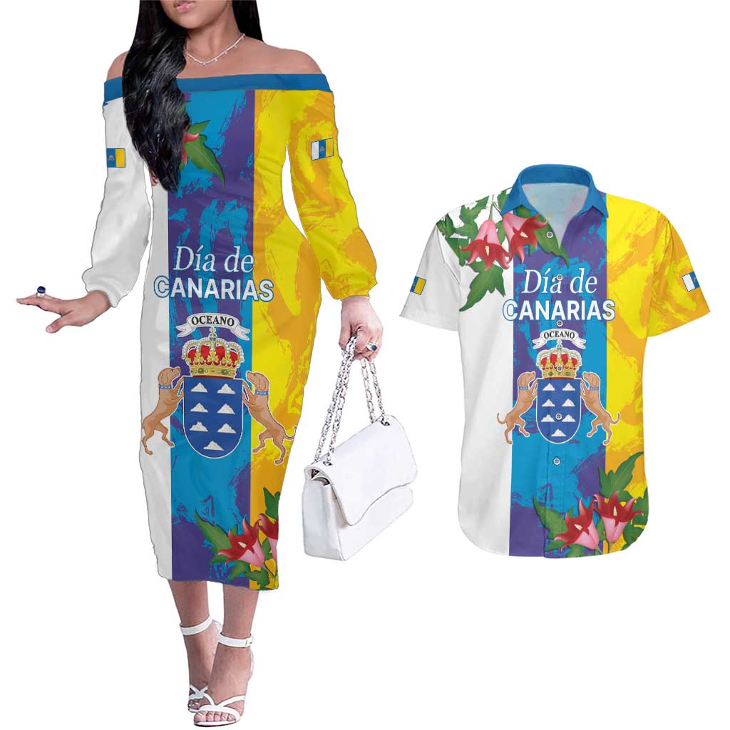 Canary Islands Dia de Canarias Couples Matching Off The Shoulder Long Sleeve Dress and Hawaiian Shirt 42th Anniversary