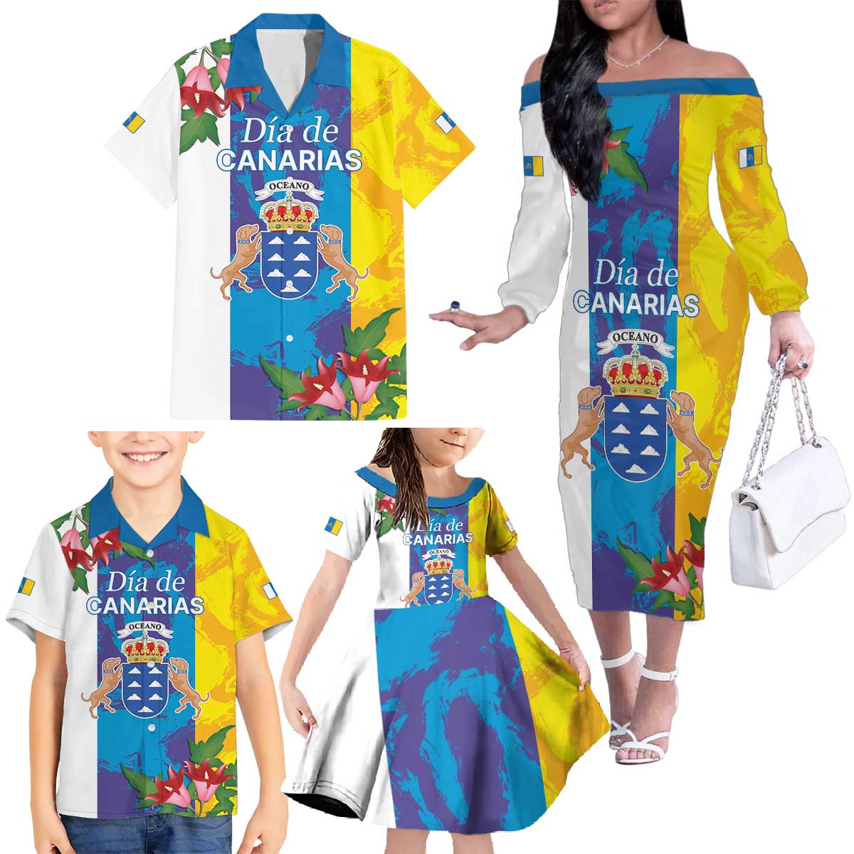 Canary Islands Dia de Canarias Family Matching Off The Shoulder Long Sleeve Dress and Hawaiian Shirt 42th Anniversary