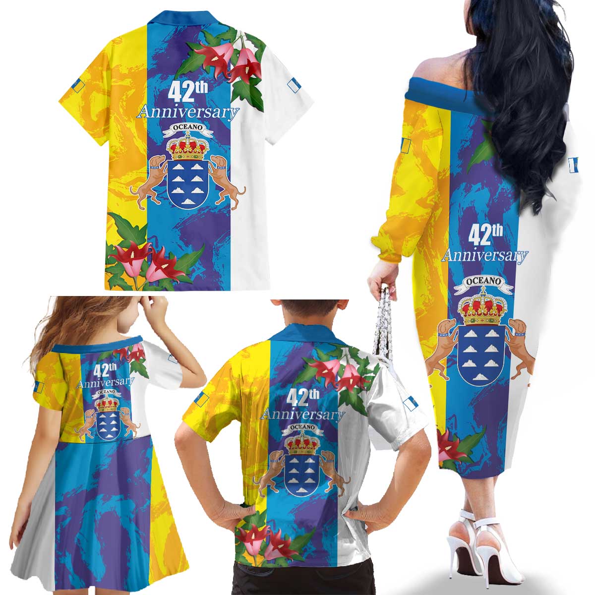 Canary Islands Dia de Canarias Family Matching Off The Shoulder Long Sleeve Dress and Hawaiian Shirt 42th Anniversary