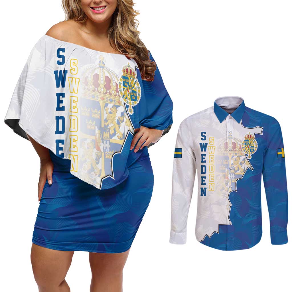 Personalized Kingdom of Sweden Coat of arms Couples Matching Off Shoulder Short Dress and Long Sleeve Button Shirt