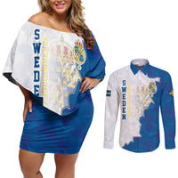 Personalized Kingdom of Sweden Coat of arms Couples Matching Off Shoulder Short Dress and Long Sleeve Button Shirt