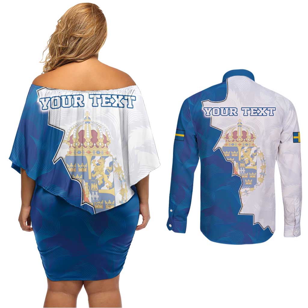 Personalized Kingdom of Sweden Coat of arms Couples Matching Off Shoulder Short Dress and Long Sleeve Button Shirt
