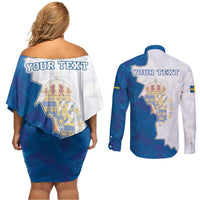 Personalized Kingdom of Sweden Coat of arms Couples Matching Off Shoulder Short Dress and Long Sleeve Button Shirt
