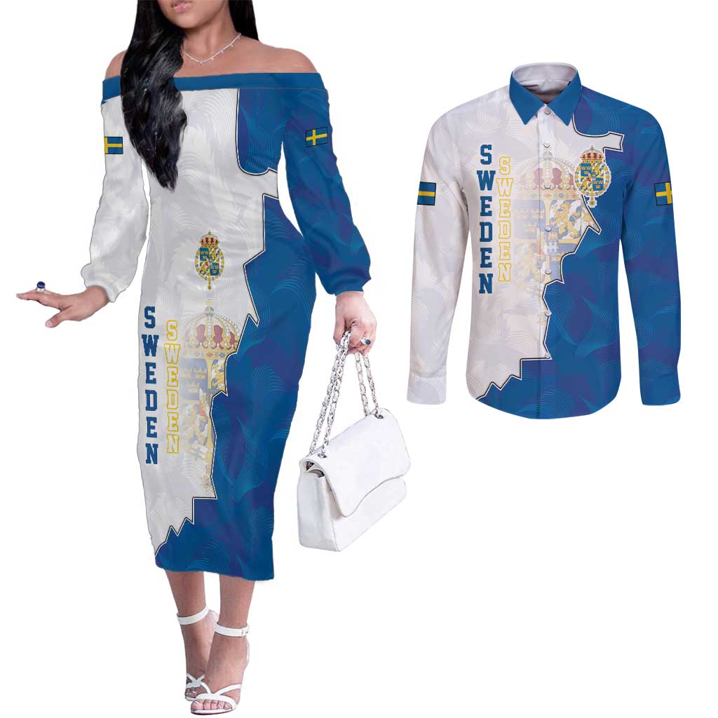 Personalized Kingdom of Sweden Coat of arms Couples Matching Off The Shoulder Long Sleeve Dress and Long Sleeve Button Shirt