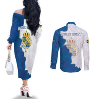 Personalized Kingdom of Sweden Coat of arms Couples Matching Off The Shoulder Long Sleeve Dress and Long Sleeve Button Shirt