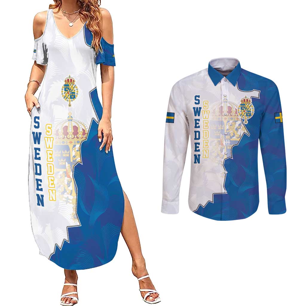 Personalized Kingdom of Sweden Coat of arms Couples Matching Summer Maxi Dress and Long Sleeve Button Shirt