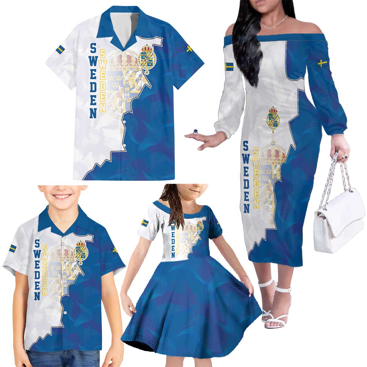 Personalized Kingdom of Sweden Coat of arms Family Matching Off The Shoulder Long Sleeve Dress and Hawaiian Shirt