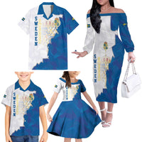 Personalized Kingdom of Sweden Coat of arms Family Matching Off The Shoulder Long Sleeve Dress and Hawaiian Shirt