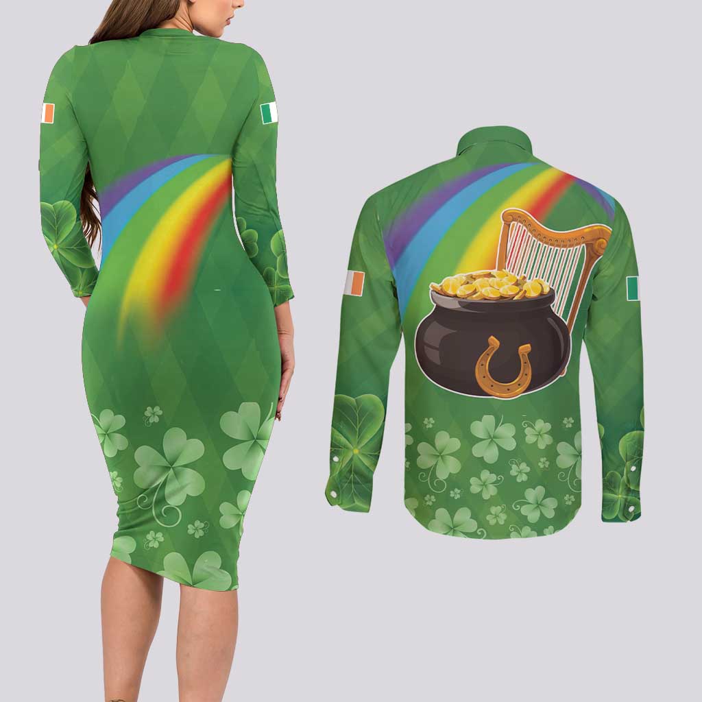 Celtic Harp Shamrock Republic of Ireland Couples Matching Long Sleeve Bodycon Dress and Long Sleeve Button Shirt