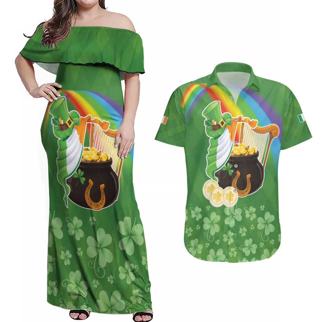 Celtic Harp Shamrock Republic of Ireland Couples Matching Off Shoulder Maxi Dress and Hawaiian Shirt