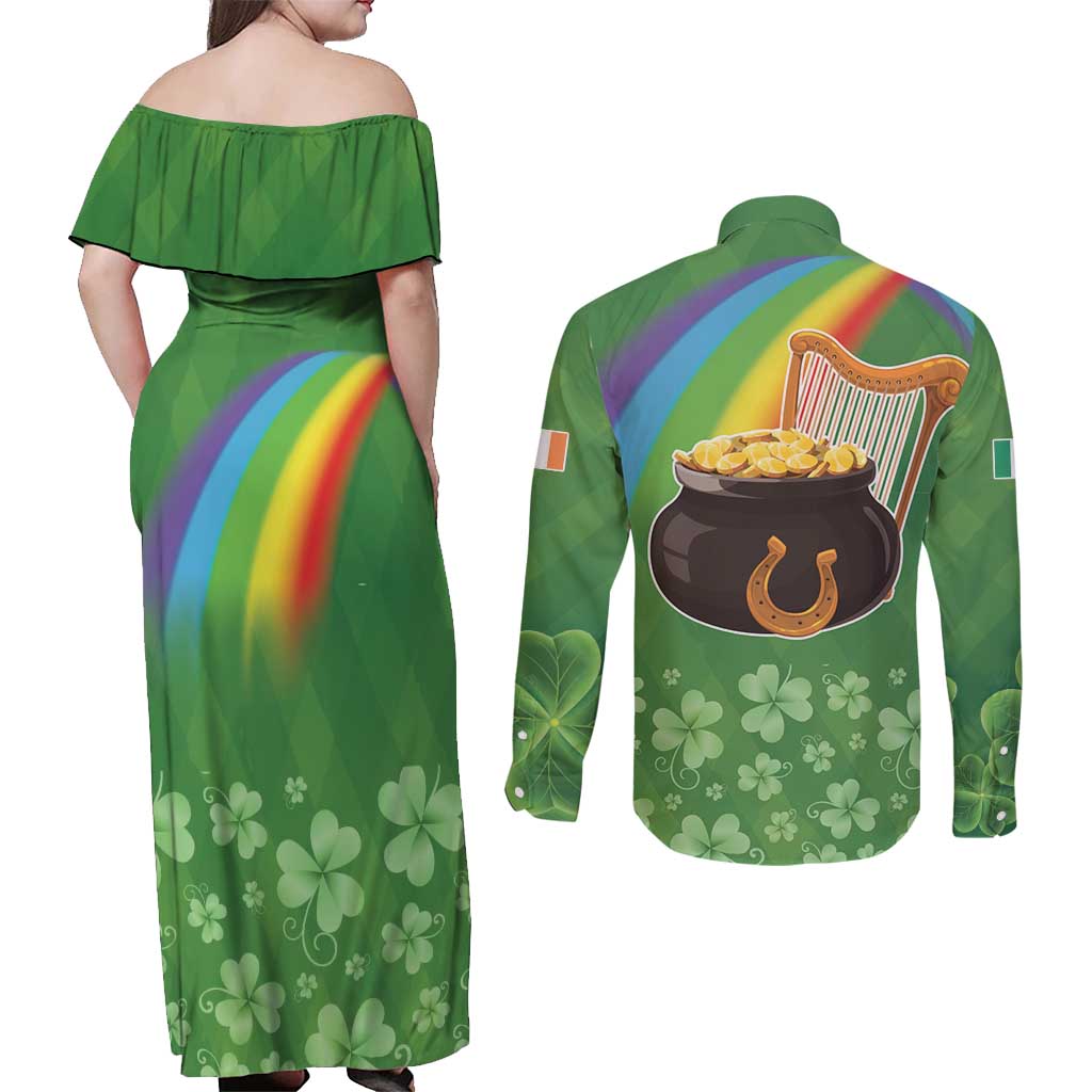 Celtic Harp Shamrock Republic of Ireland Couples Matching Off Shoulder Maxi Dress and Long Sleeve Button Shirt