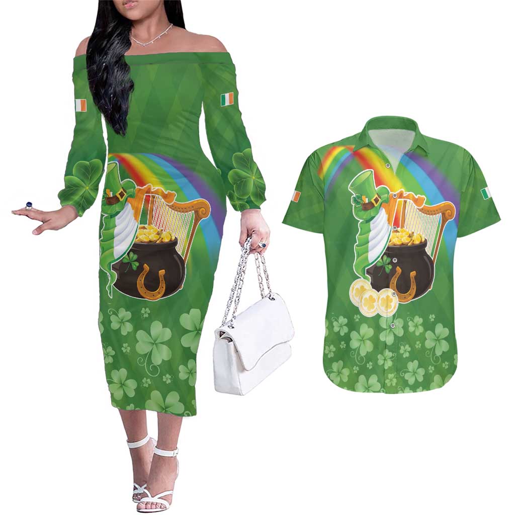 Celtic Harp Shamrock Republic of Ireland Couples Matching Off The Shoulder Long Sleeve Dress and Hawaiian Shirt