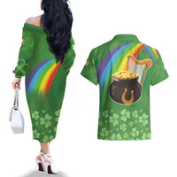 Celtic Harp Shamrock Republic of Ireland Couples Matching Off The Shoulder Long Sleeve Dress and Hawaiian Shirt
