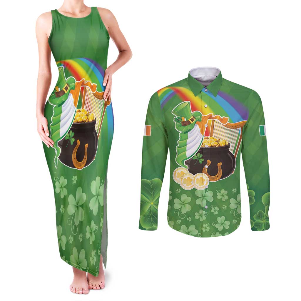 Celtic Harp Shamrock Republic of Ireland Couples Matching Tank Maxi Dress and Long Sleeve Button Shirt