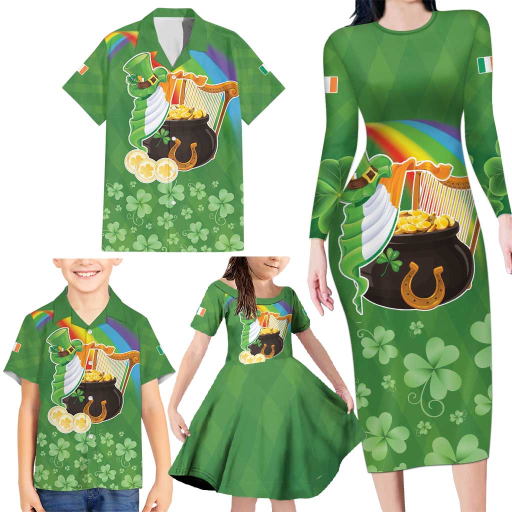 Celtic Harp Shamrock Republic of Ireland Family Matching Long Sleeve Bodycon Dress and Hawaiian Shirt