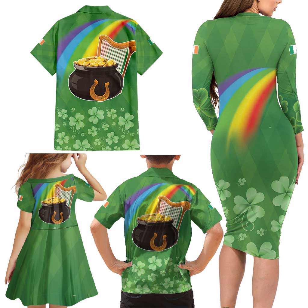 Celtic Harp Shamrock Republic of Ireland Family Matching Long Sleeve Bodycon Dress and Hawaiian Shirt