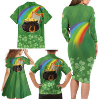 Celtic Harp Shamrock Republic of Ireland Family Matching Long Sleeve Bodycon Dress and Hawaiian Shirt