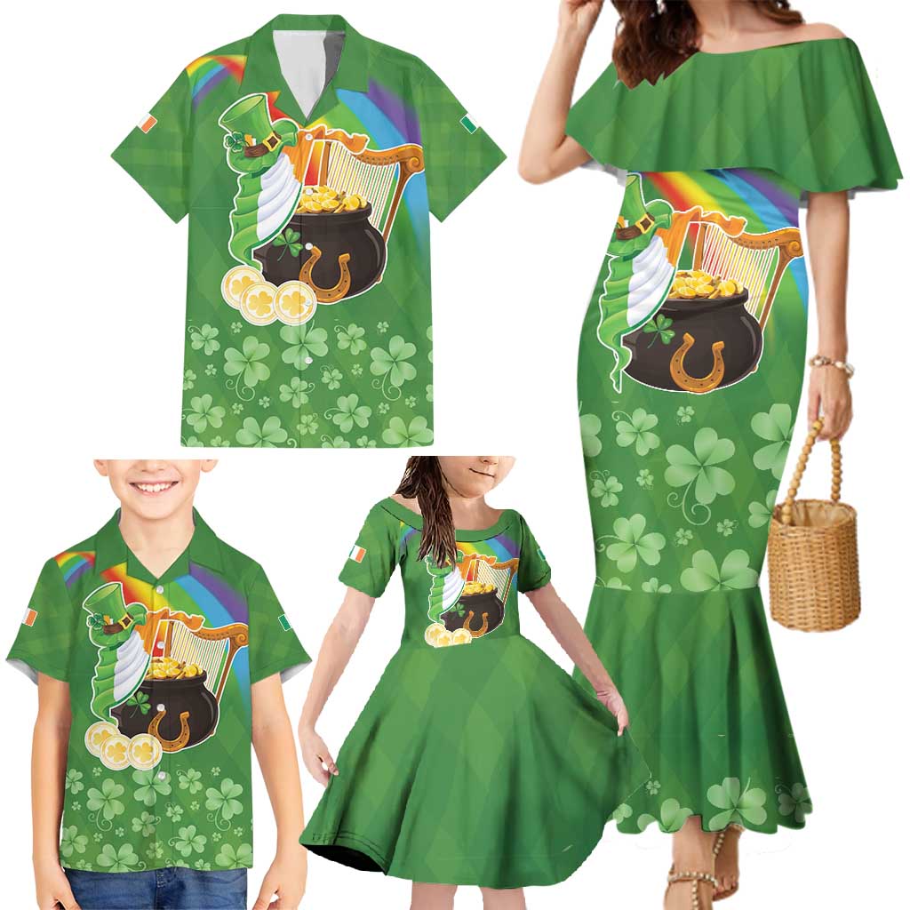 Celtic Harp Shamrock Republic of Ireland Family Matching Mermaid Dress and Hawaiian Shirt