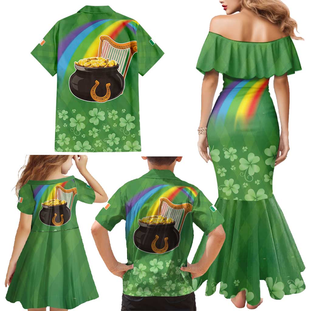 Celtic Harp Shamrock Republic of Ireland Family Matching Mermaid Dress and Hawaiian Shirt
