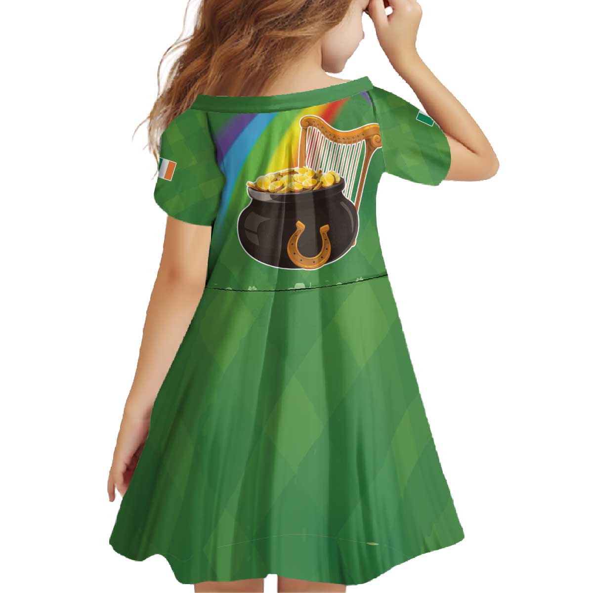 Celtic Harp Shamrock Republic of Ireland Family Matching Off The Shoulder Long Sleeve Dress and Hawaiian Shirt