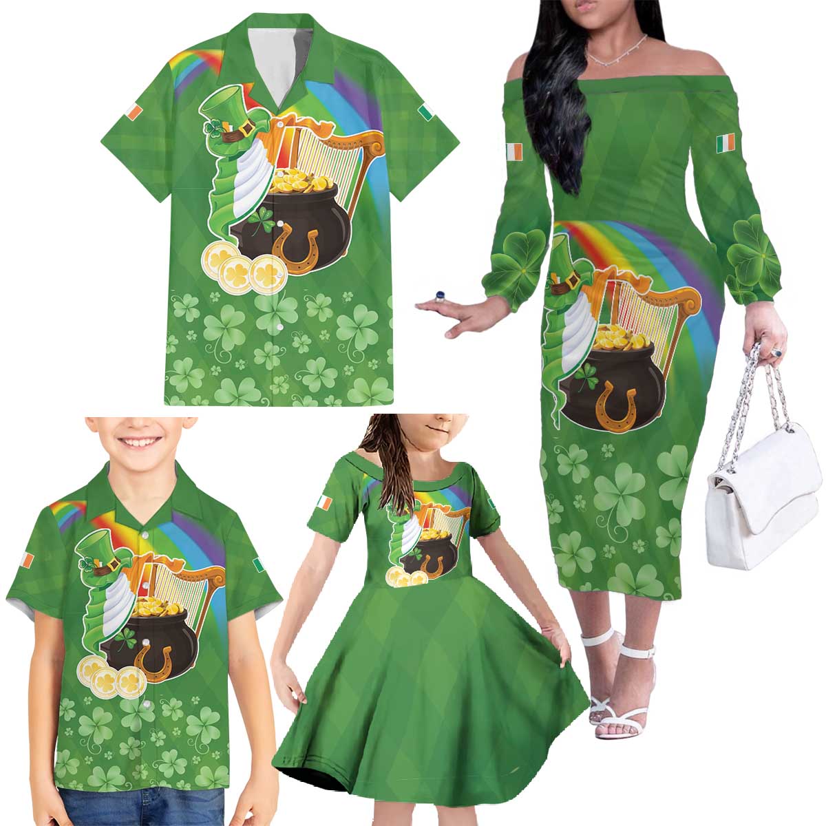 Celtic Harp Shamrock Republic of Ireland Family Matching Off The Shoulder Long Sleeve Dress and Hawaiian Shirt