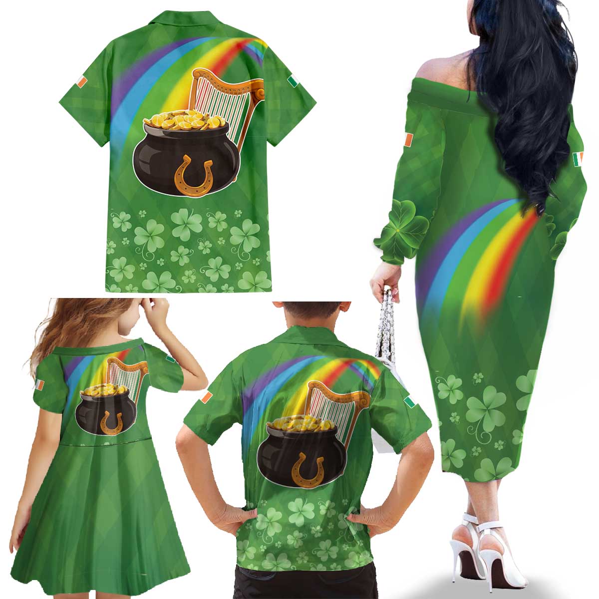 Celtic Harp Shamrock Republic of Ireland Family Matching Off The Shoulder Long Sleeve Dress and Hawaiian Shirt
