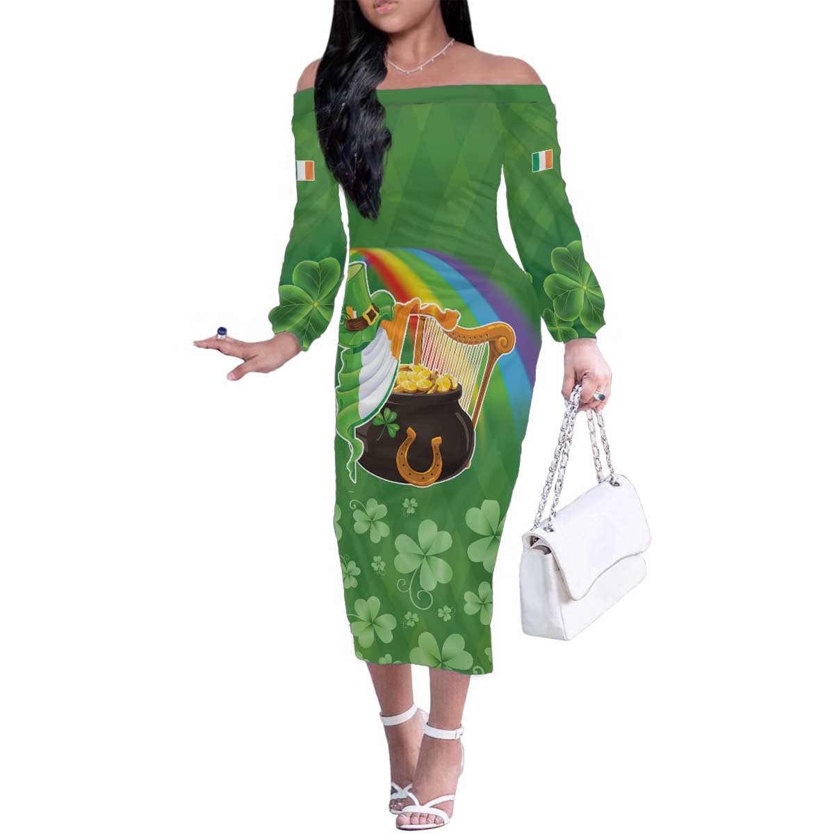 Celtic Harp Shamrock Republic of Ireland Family Matching Off The Shoulder Long Sleeve Dress and Hawaiian Shirt