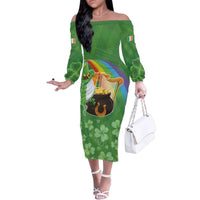 Celtic Harp Shamrock Republic of Ireland Family Matching Off The Shoulder Long Sleeve Dress and Hawaiian Shirt